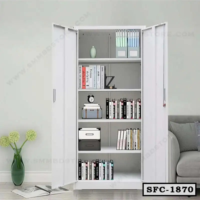 White steel file cabinet with open doors, shelves holding books, files, and office storage boxes.