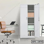 Steel file cabinet with doors open, showing organized files in a modern office setting.