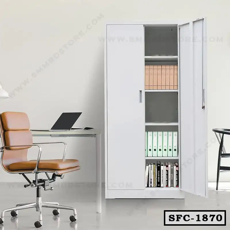 Steel file cabinet with doors open, showing organized files in a modern office setting.