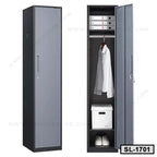 Tall steel office locker with hanging rod, shelves, files, shirt, box, and shoes visible.
