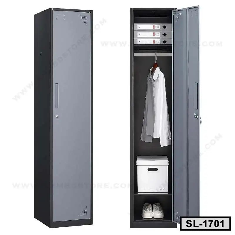 Tall steel office locker with hanging rod, shelves, files, shirt, box, and shoes visible.