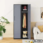 Tall steel locker with two doors, hanging clothes, shoes, and accessories in a modern living room
