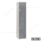 Tall steel storage locker with two gray doors, ideal for office or home organization.
