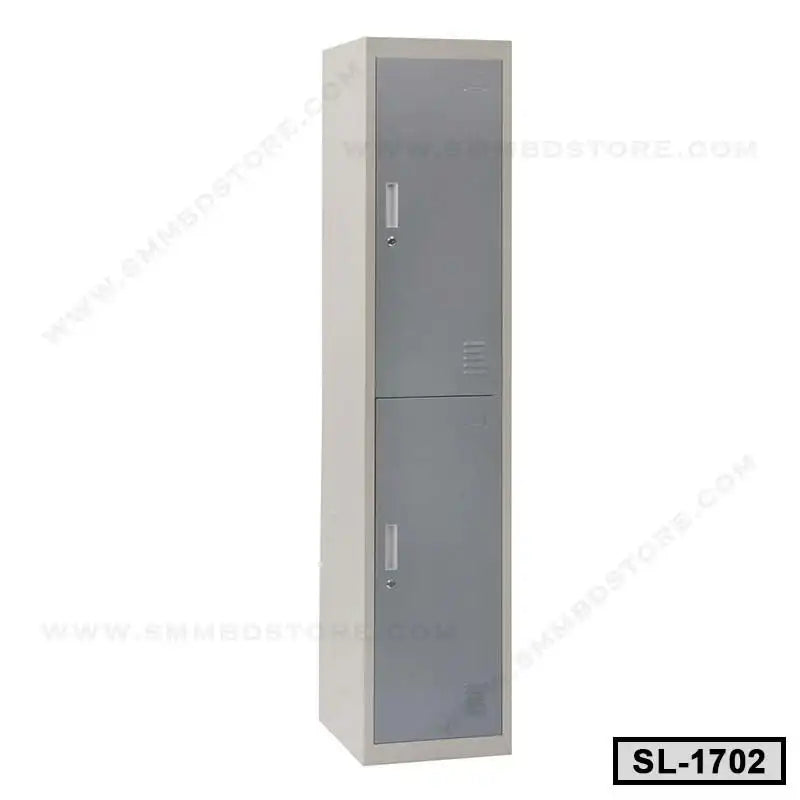 Tall steel storage locker with two gray doors, ideal for office or home organization.