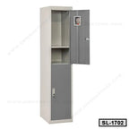 Tall steel locker with dual gray doors and interior shelves for office or home storage