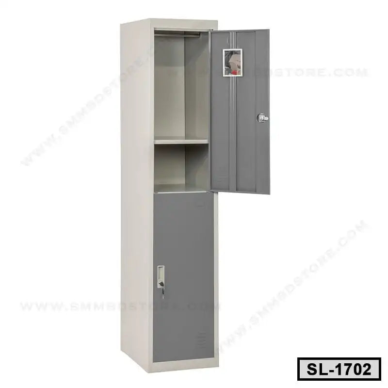 Tall steel locker with dual gray doors and interior shelves for office or home storage