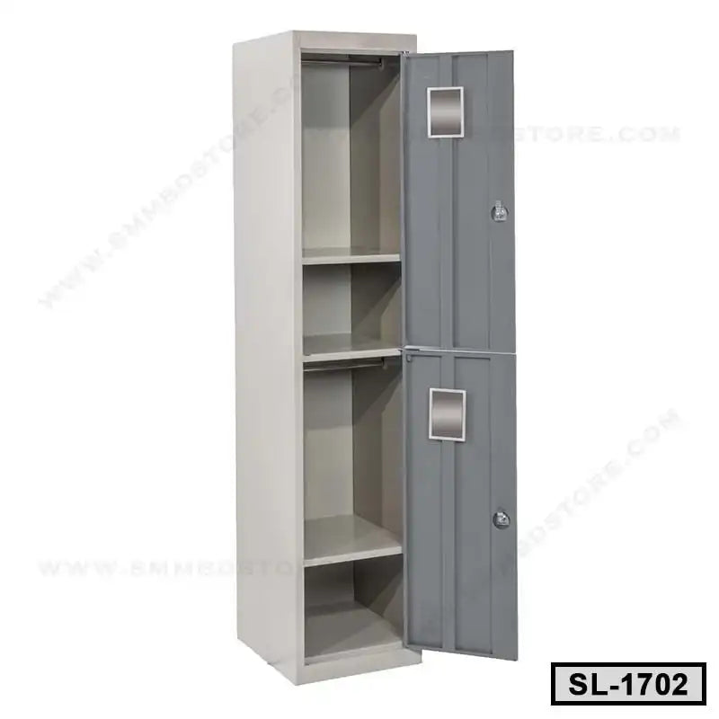 Steel locker with two doors, four shelves, open section, for office or home storage.