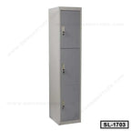 Metal three-door steel locker cabinet for office or home storage, grey color, with locks