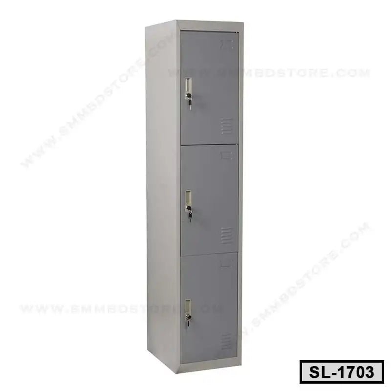 Metal three-door steel locker cabinet for office or home storage, grey color, with locks