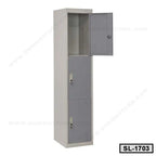 Tall steel locker with three lockable compartments for office or home storage