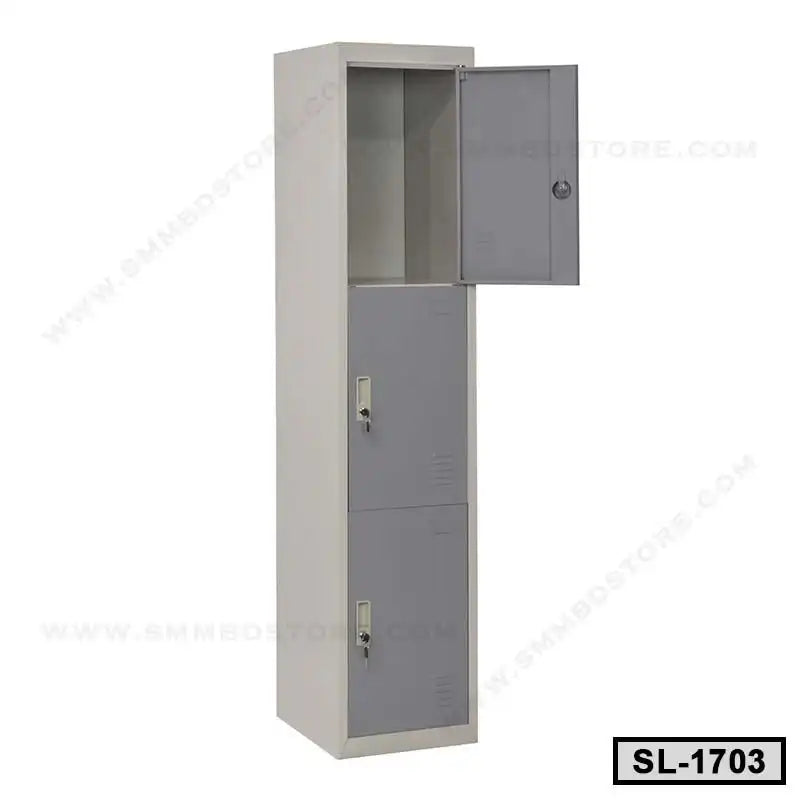 Tall steel locker with three lockable compartments for office or home storage