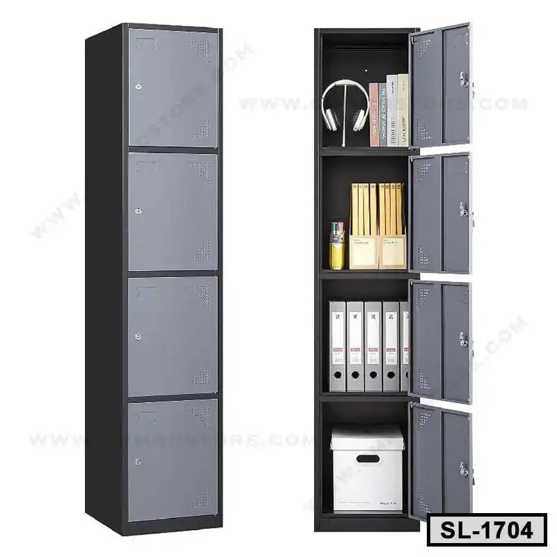 Tall steel office locker with four lockable doors, shelves for files and storage, model SL-1704