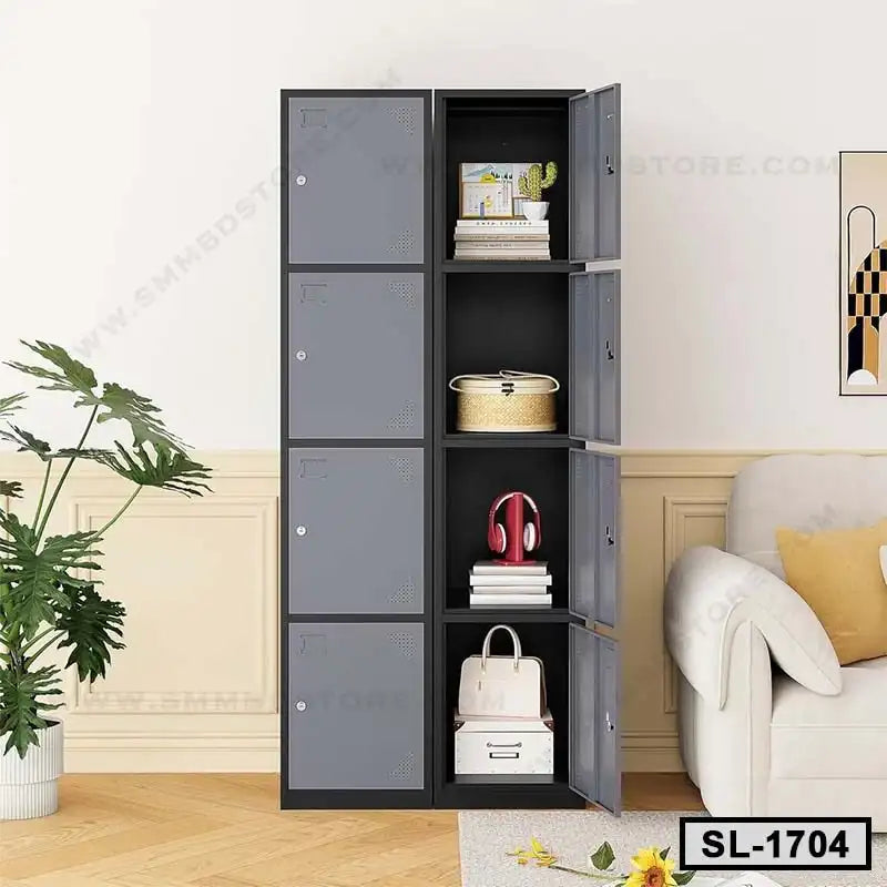 Modern steel locker with multiple compartments in a home office setting