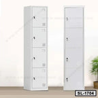 Steel locker cabinets with multiple compartments and key locks for office or home storage.