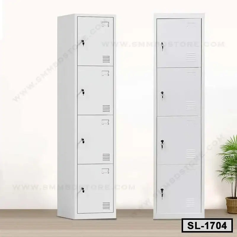 Steel locker cabinets with multiple compartments and key locks for office or home storage.