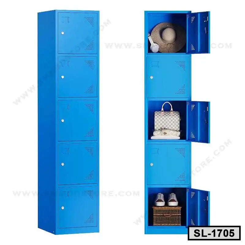 Blue steel locker cabinet with six compartments, some open showing storage for shoes, bag, hat, and accessories, ideal for office or home organization.