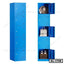 Blue steel locker cabinet with six compartments, some open showing storage for shoes, bag, hat, and accessories, ideal for office or home organization.