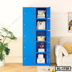 Blue steel locker cabinet with multiple compartments in modern home office setting
