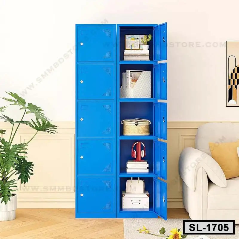 Blue steel locker cabinet with multiple compartments in modern home office setting