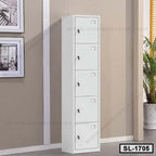Tall white steel locker with five lockable compartments for office or home storage