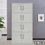 Eight-door steel locker cabinet for office or home storage against a gray wall.
