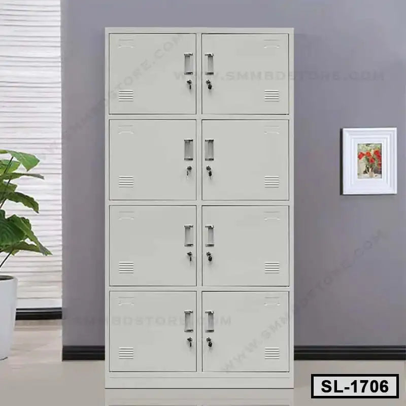 Eight-door steel locker cabinet for office or home storage against a gray wall.