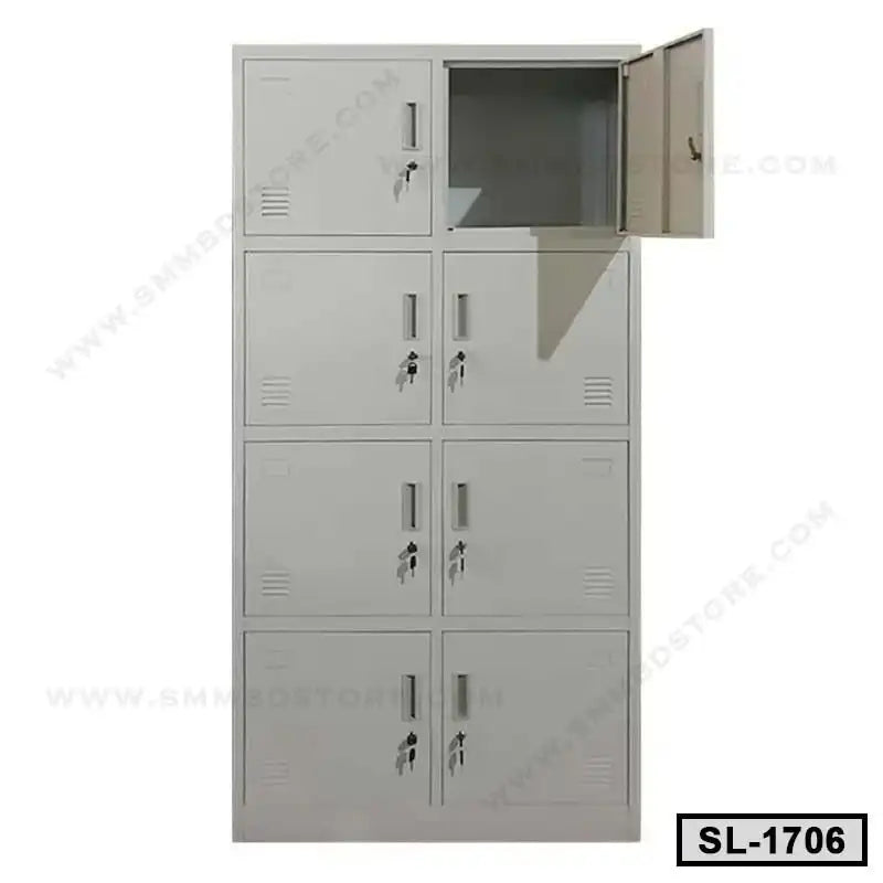 Steel locker cabinet with eight compartments, secure locks, one door open, office storage furniture