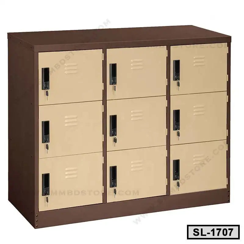 Nine-compartment steel locker cabinet for office or home storage, beige and brown color. Main image