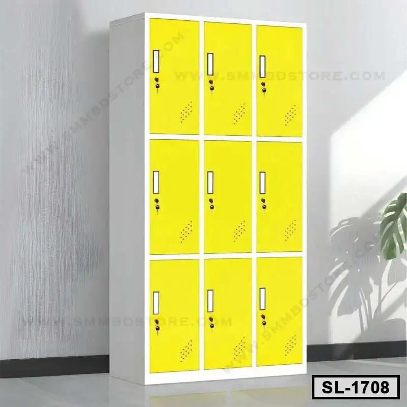 Steel locker cabinet with yellow doors, 9 compartments, for office or school storage Main image
