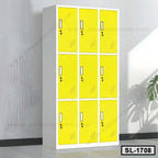 Steel locker cabinet with yellow doors, 9 compartments, for office or school storage
