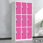 Nine-door pink steel locker cabinet for office or home storage against a light wall
