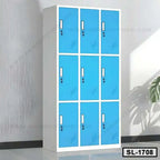 Steel locker cabinet with nine blue doors, ideal for office or home storage