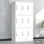White steel office locker with 12 compartments and key locks placed against a wall