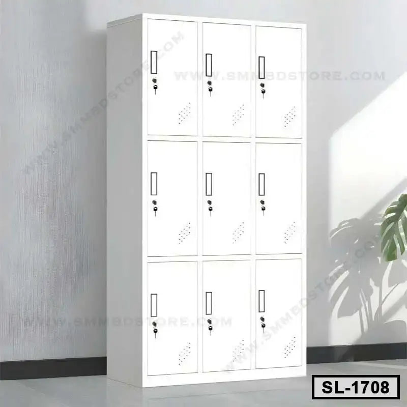 White steel office locker with 12 compartments and key locks placed against a wall