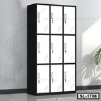 Black and white steel locker cabinet with nine compartments for office storage