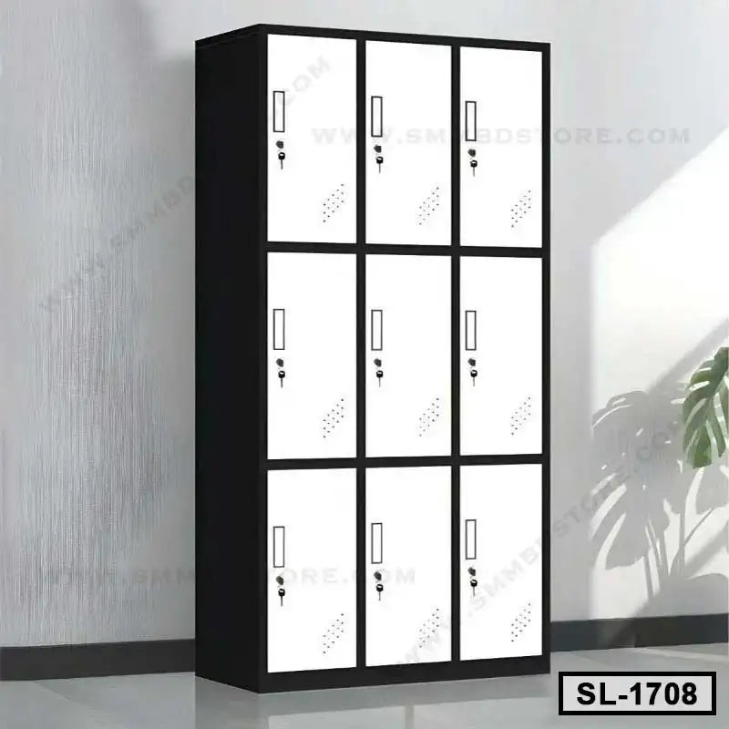 Black and white steel locker cabinet with nine compartments for office storage