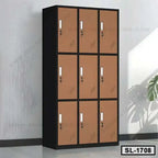 Steel office locker cabinet with nine brown doors and locks, placed against a wall indoors.