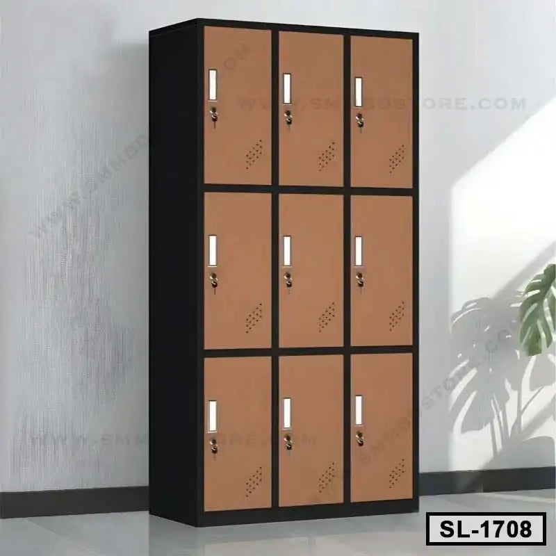 Steel office locker cabinet with nine brown doors and locks, placed against a wall indoors.