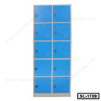 Steel locker cabinet with ten blue doors and secure locks, ideal for office or school storage