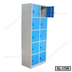 Steel locker cabinet with nine blue lockable doors, one door open, for office or school storage