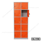 Steel locker cabinet with 12 orange lockable compartments, one door open, for office storage