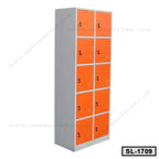Steel locker cabinet with twelve orange doors and locks, ideal for office or home storage