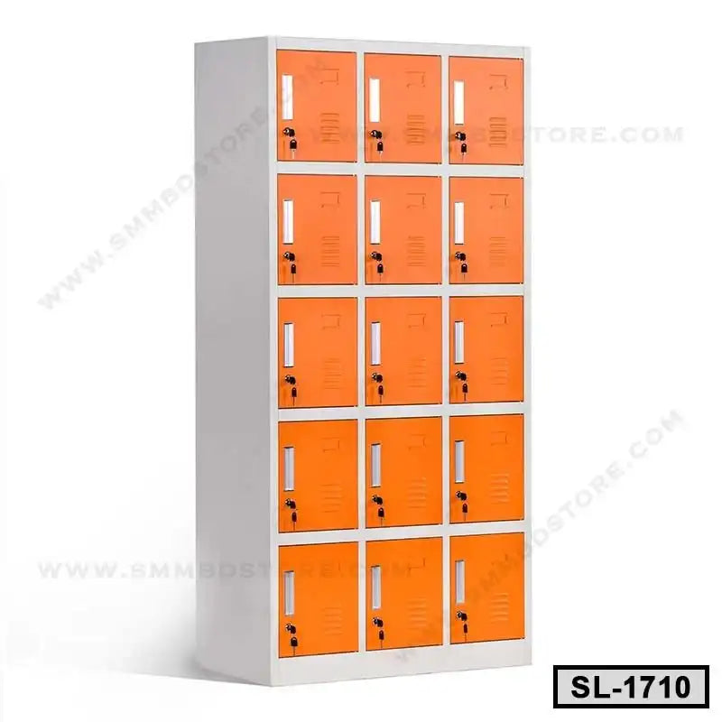 Steel locker cabinet with 15 orange lockable doors for office or school storage Main image