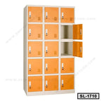 Steel locker cabinet with fifteen orange doors, two open, for office or school storage