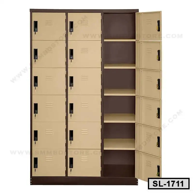 Steel locker cabinet with multiple beige doors and open brown shelves for office storage Main image