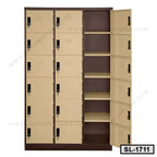 Steel locker cabinet with multiple beige doors and open brown shelves for office storage