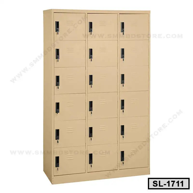 Beige steel locker cabinet with fifteen compartments, ideal for office storage and organization