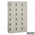 Steel locker with 15 compartments for office or school storage, light gray color.