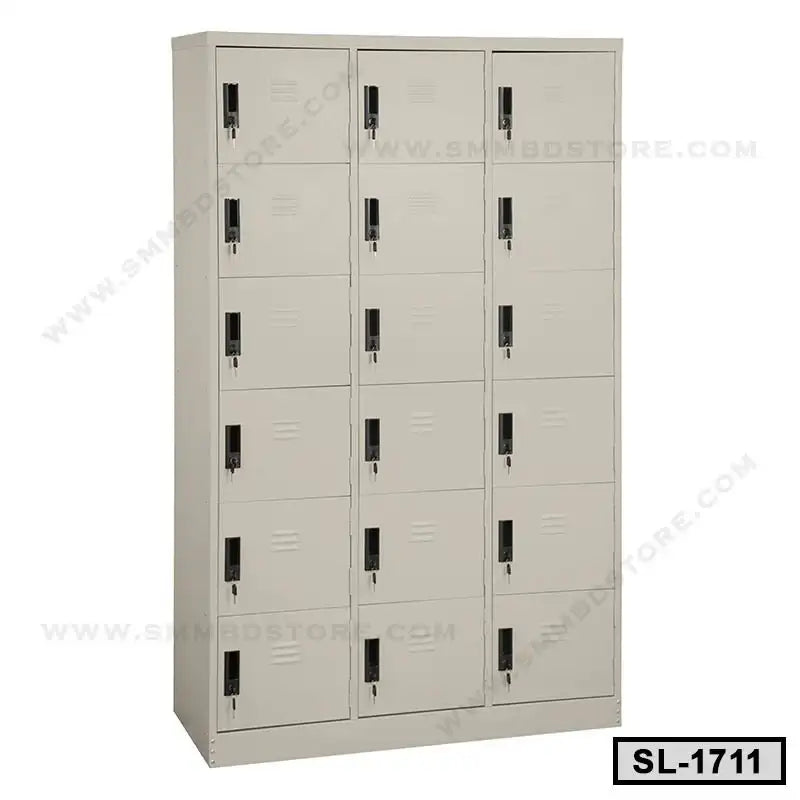 Steel locker with 15 compartments for office or school storage, light gray color.