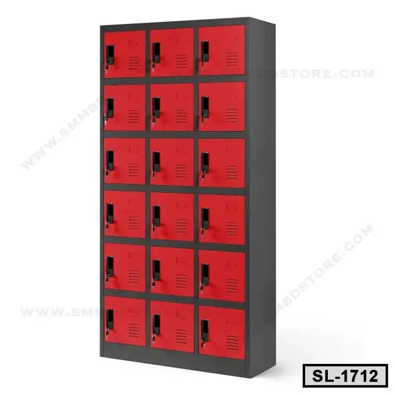 Steel locker cabinet with 15 red doors and black handles for office or school storage